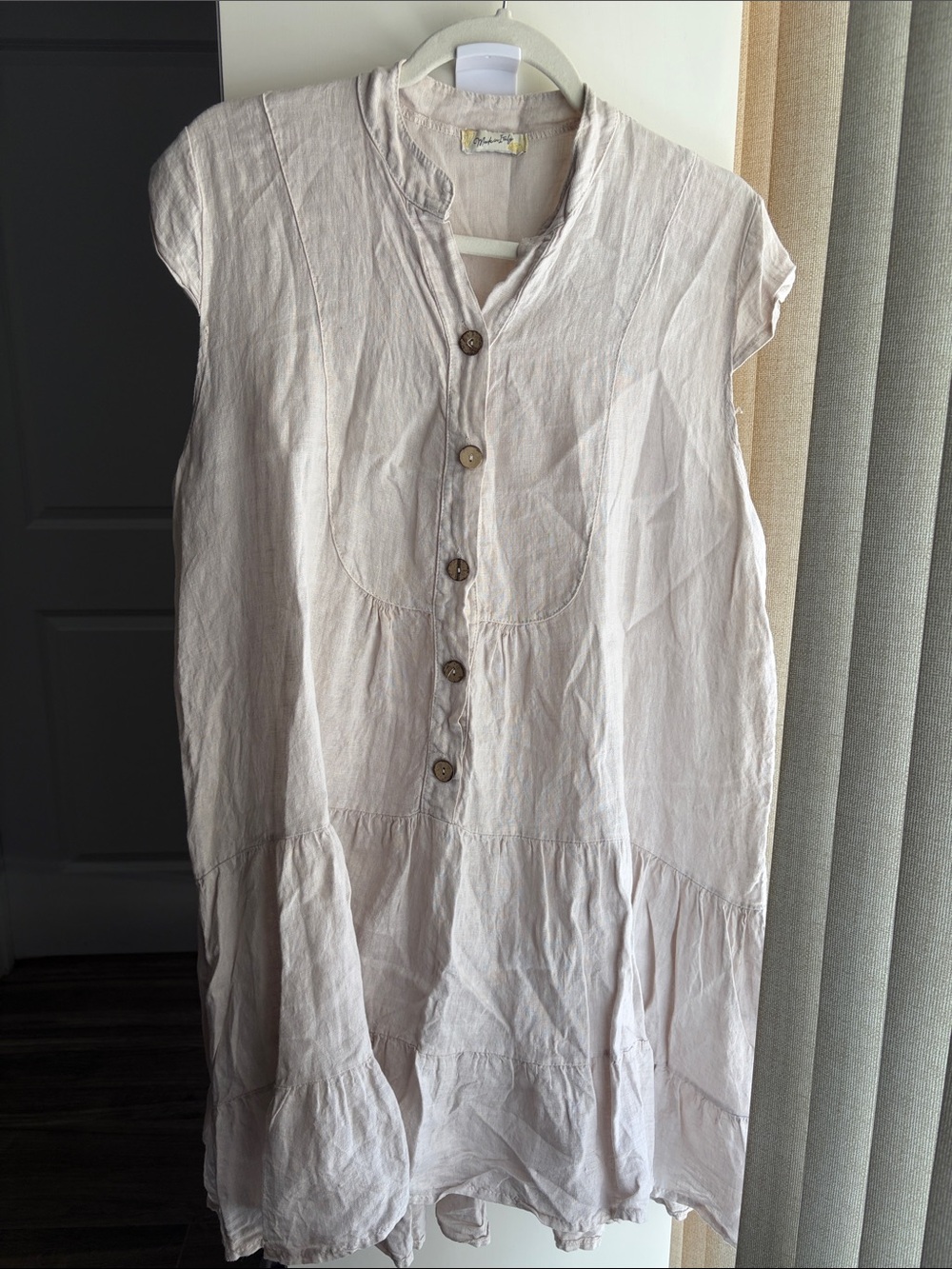 Made in Italy 100% Linen Tiered Mini Dress - Oatmeal Beige Size